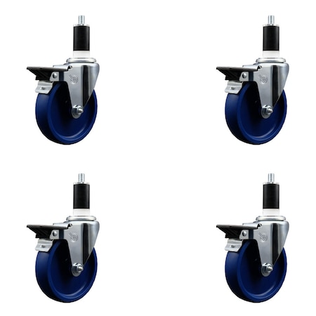 Service Caster 5'' Solid Poly Swivel 1-3/8'' Expanding Stem Caster Set with Brake, 4PK SCC-EX20S514-SPUS-PLB-138-4